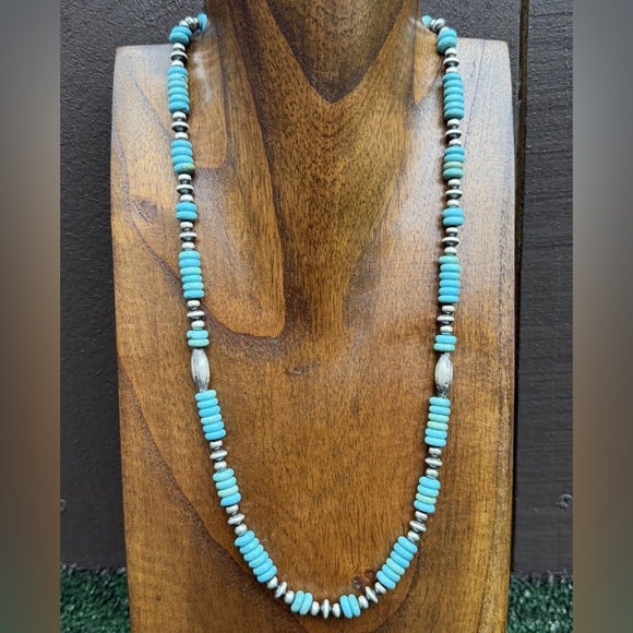Sterling Silver Blue Turquoise W Multi Bead Pearls Necklace. 24 inch. Gift